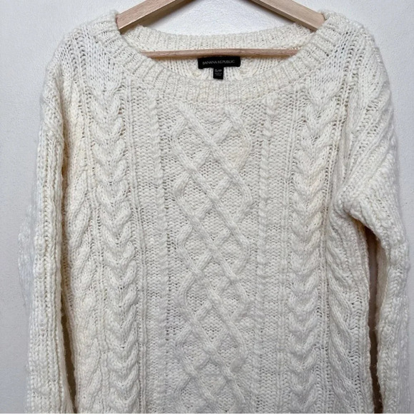 Banana Republic Womens Small Boat Neck Oversized Cable Ivory Wool Sweater - Picture 4 of 15
